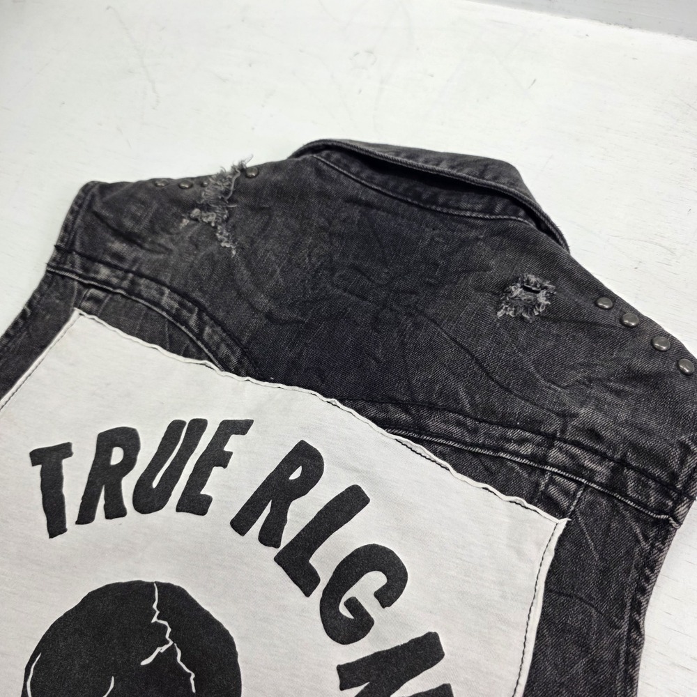 True Religion Distressed Jimmy Western Denim Vest Jacket Black Concrete Men's S - Picture 11 of 16
